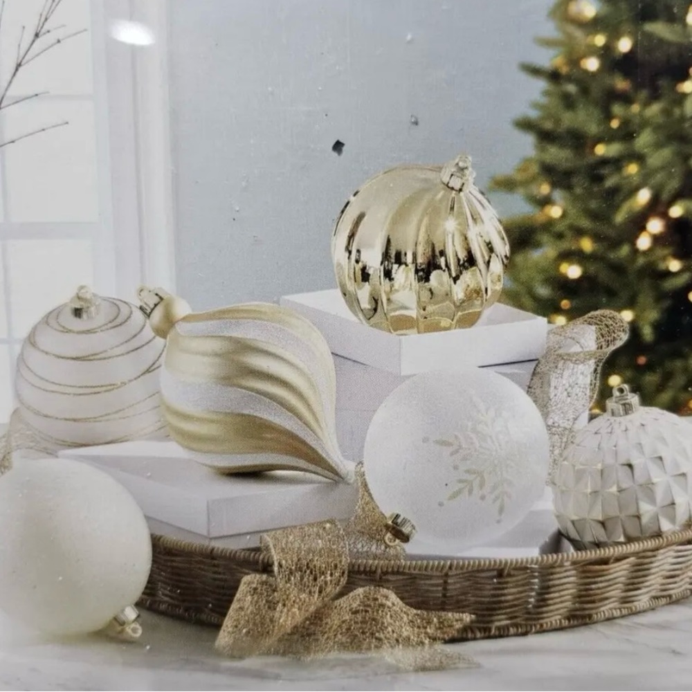 6" Christmas White & Gold Glitter Glass Ball Ornaments 3 SETS OF 18 TOTAL
